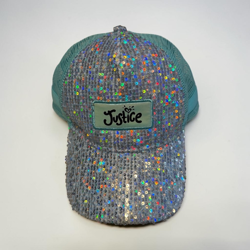 Justice Girls Teal Iridescent Sequin Trucker Hat Mesh Snapback Baseball Cap
